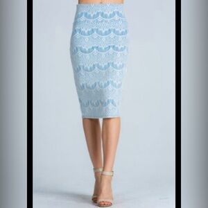 Elegant Light Blue Lace Overlay Pencil Skirt High Waisted Midi Size Small Alt.B